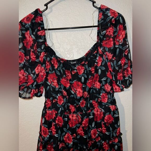 TRIXXI FLORAL RED and BLACK PUFF SLEEVE DRESS- Size MED-NWT - Picture 6 of 14